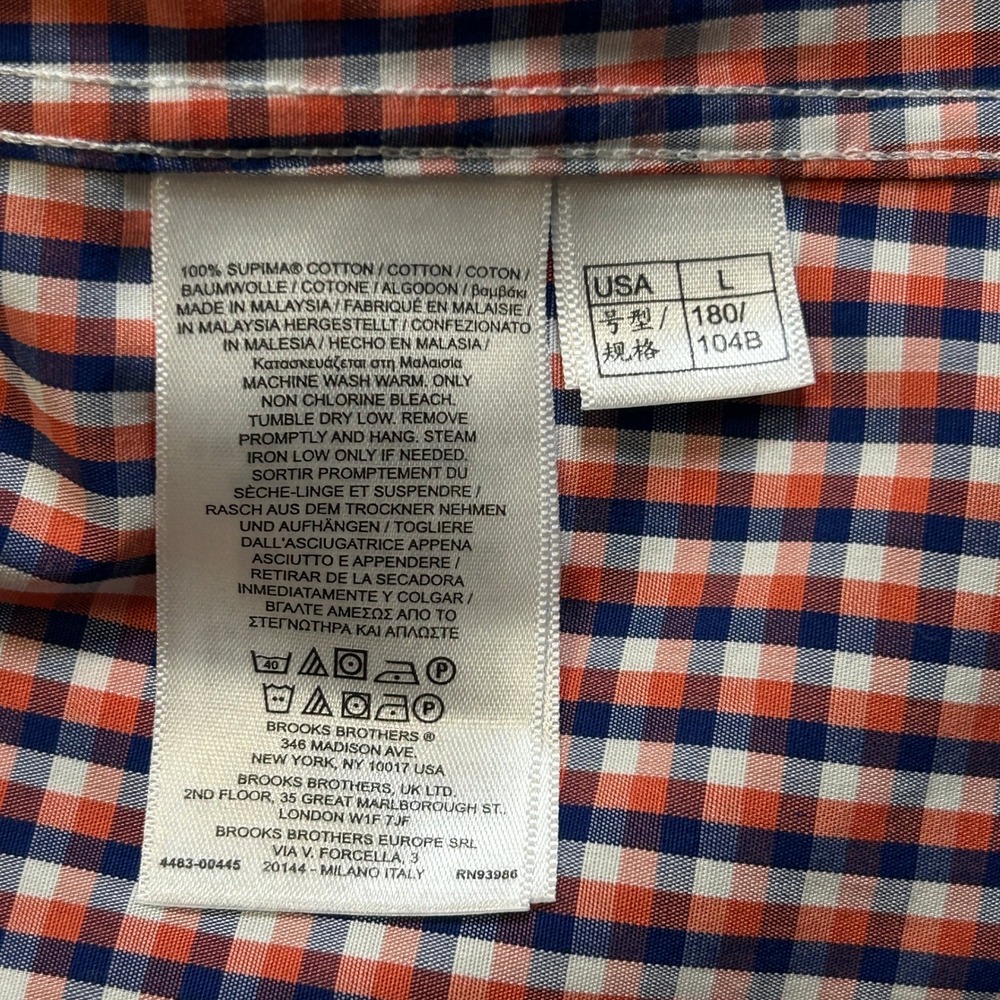 Brooks Brothers Regent Shirt Mens L Non Iron Gingham Orange Blue Supima Cotton - Picture 6 of 9